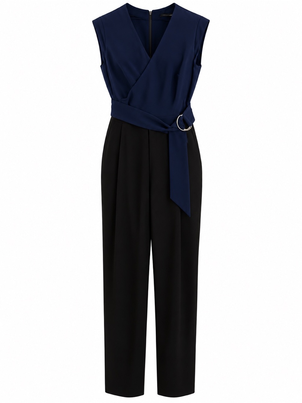 Karen Millen Navy and Black Sleeveless Wrap Jumpsuit with Ring Belt